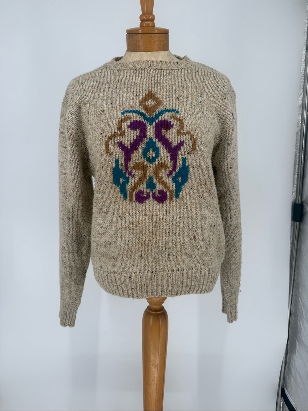 VTG Beige Crewneck Sweater with Purple, Teal, and Brown Chest Pattern